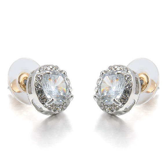 925 Silver Plated Crystal Halo Stud Earrings - Picture 3 of 8